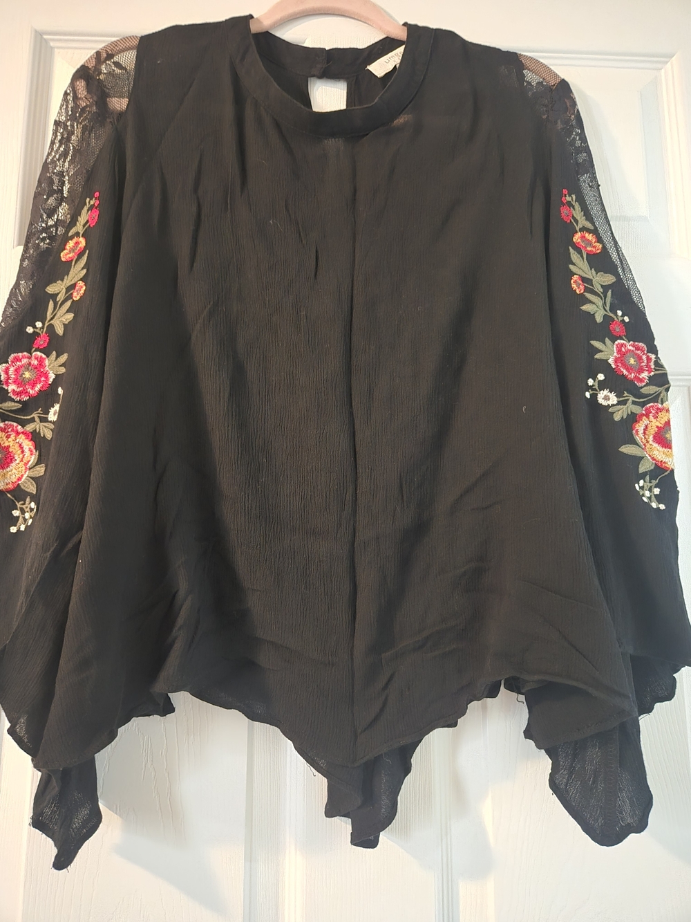 Black Floral Embroidered Sheer Sleeve Blouse